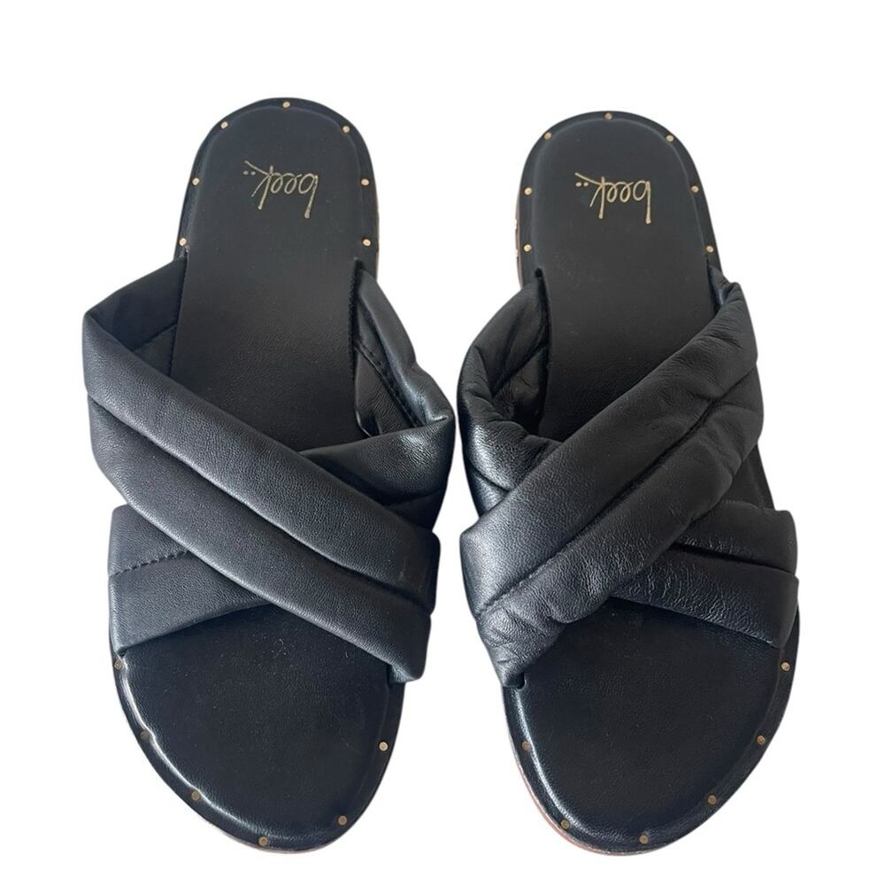 BEEK Women's Black Leather Dovetail Crossover Slide Sandal sz :9
